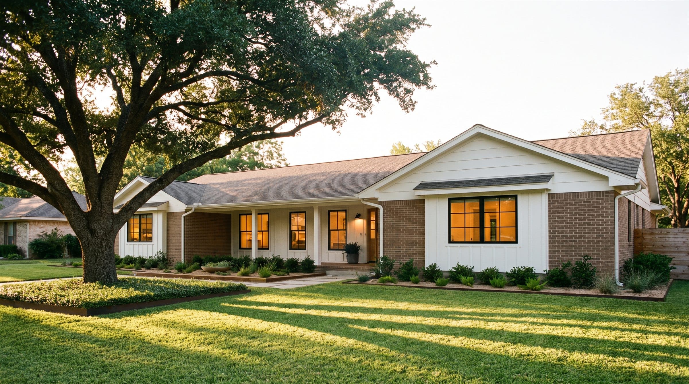 A single-story home with warm brick, board-and-batten siding, and lit windows beneath a mature oak at golden hour